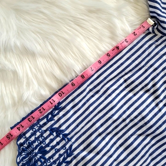 Dizzylizzy Navy Blue Striped Scoop Neck Off Shoulder Nautical Embroidered Top M - Picture 14 of 17